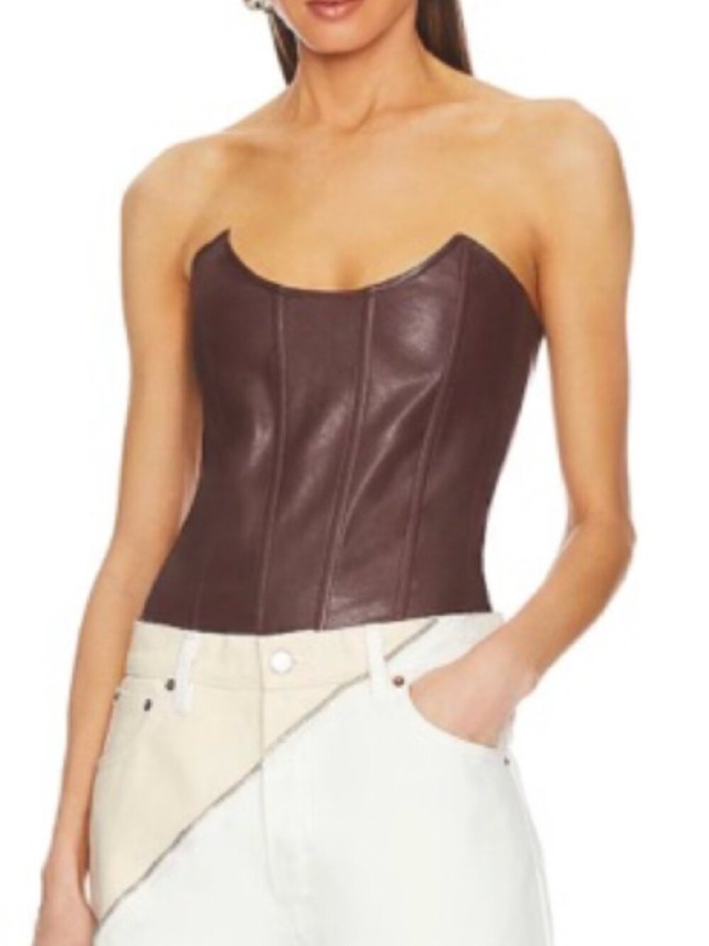 MIAOU Brown Leather Corset Top + Pant Set